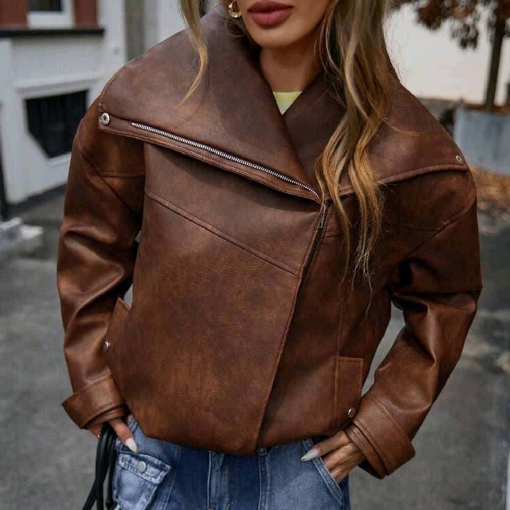 Trendy Distressed Rusty Brown PI Oversized Collar Metal Zip Wom - Picture 4 of 7